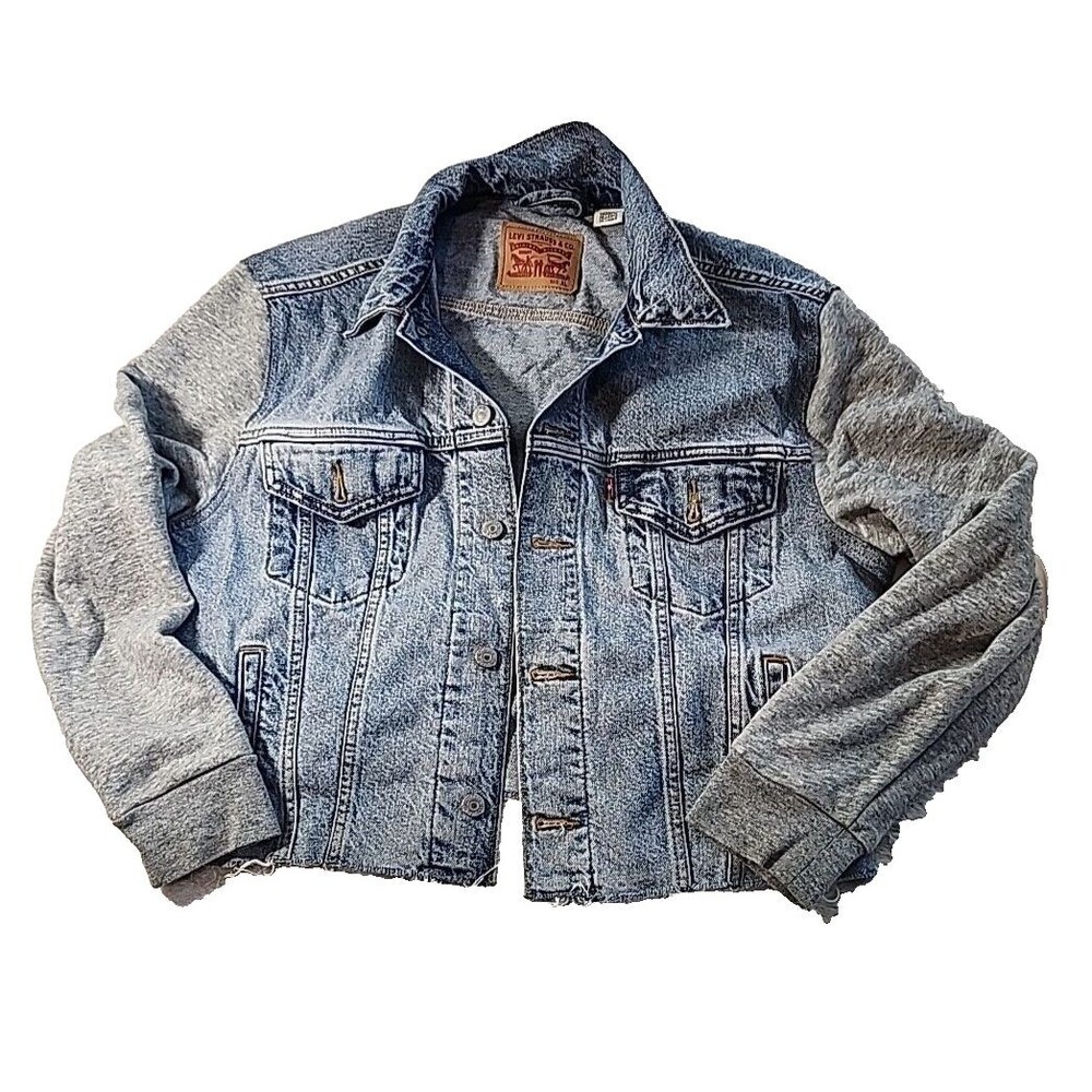 LEVIS Jacket Mens Extra-Large Trucker Cut Off Flannel Sleeves Denim Blue Jean XL